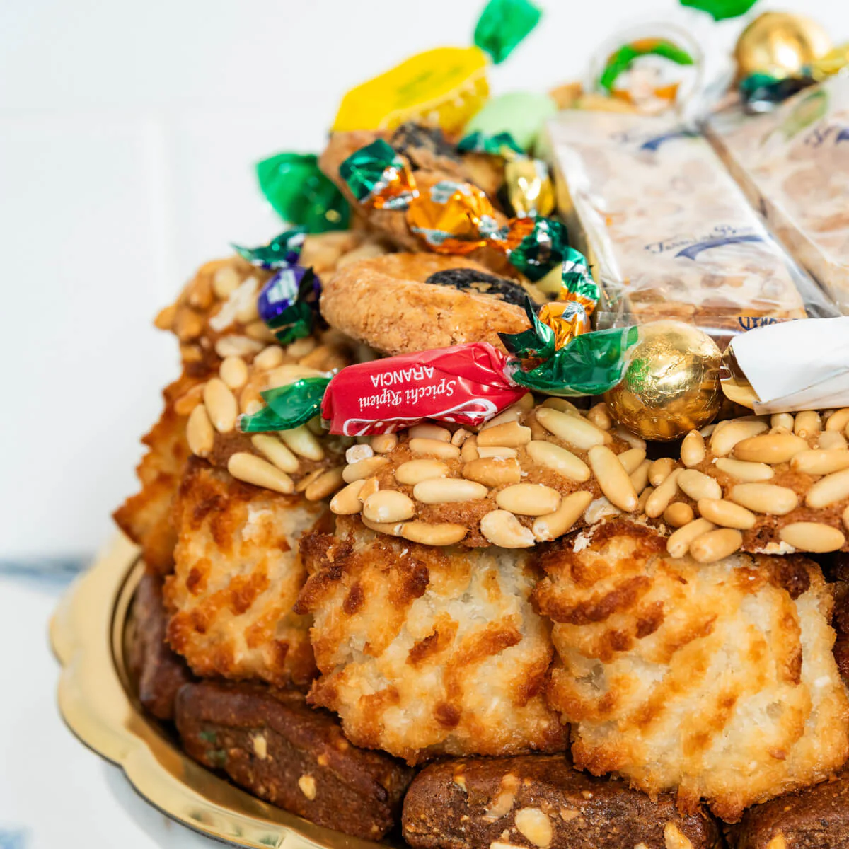 large italian cookie tray from termini brothers with biscotti, pignoli, and coconut macaroons