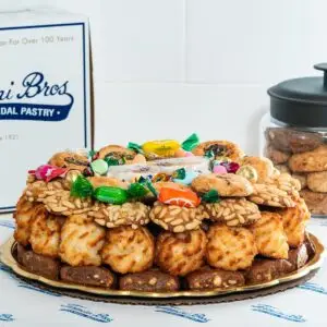 Large Italian cookie tray from Termini Brothers with pignoli cookies, coconut macaroons, biscotti