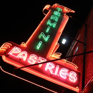 termini brothers flagship store sign, red and green neon sign