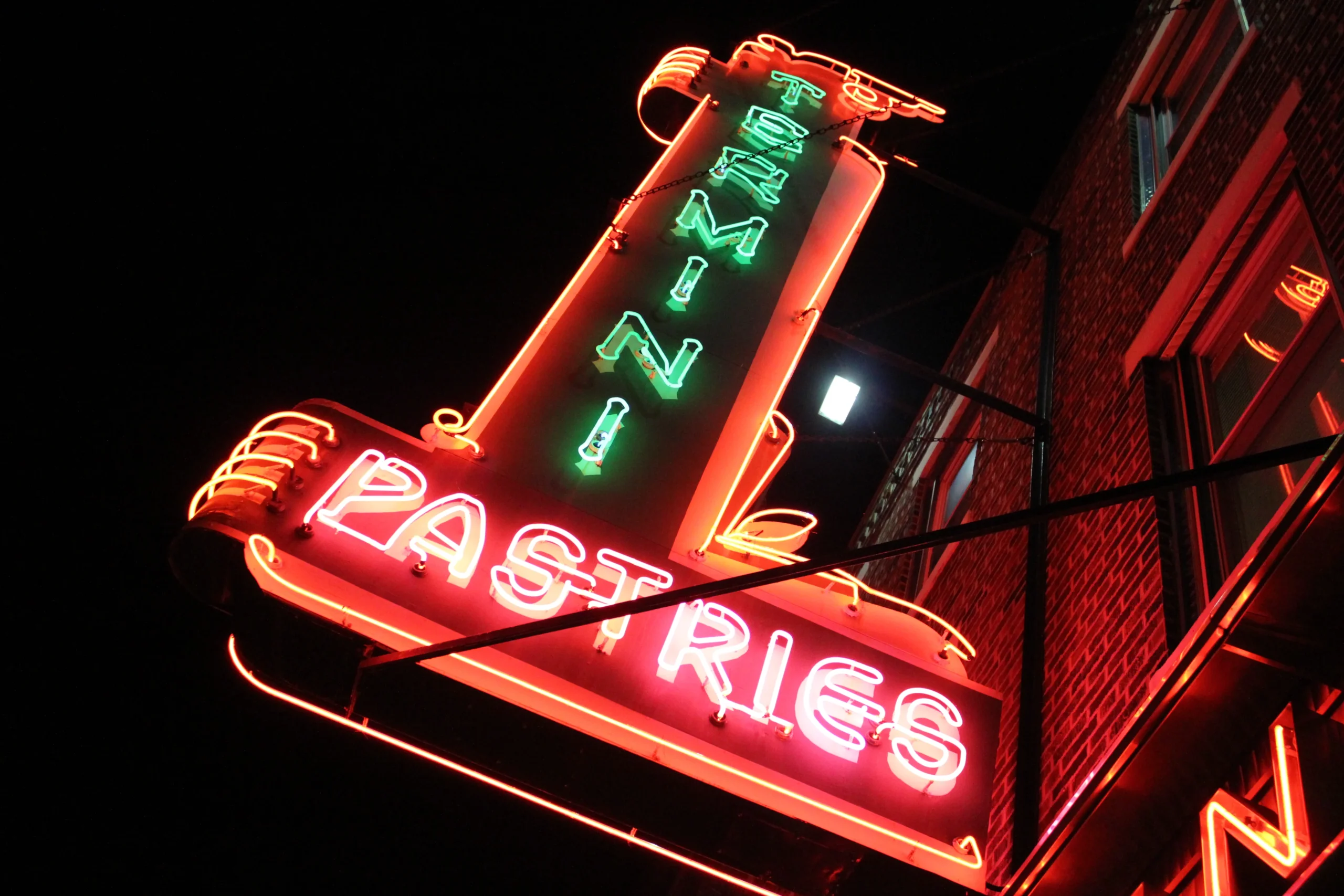 termini brothers flagship store sign, red and green neon sign